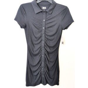 SO Black Blouse Top Cinched Ruffle Polo Collar Button Up Shirt Aesthetic NWT